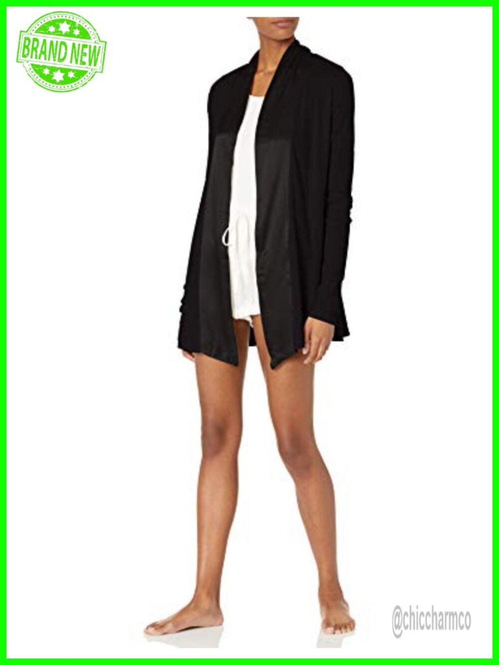 Open Front Draped Satin Lapel Rib Knit Lounge Jacket Side Pockets